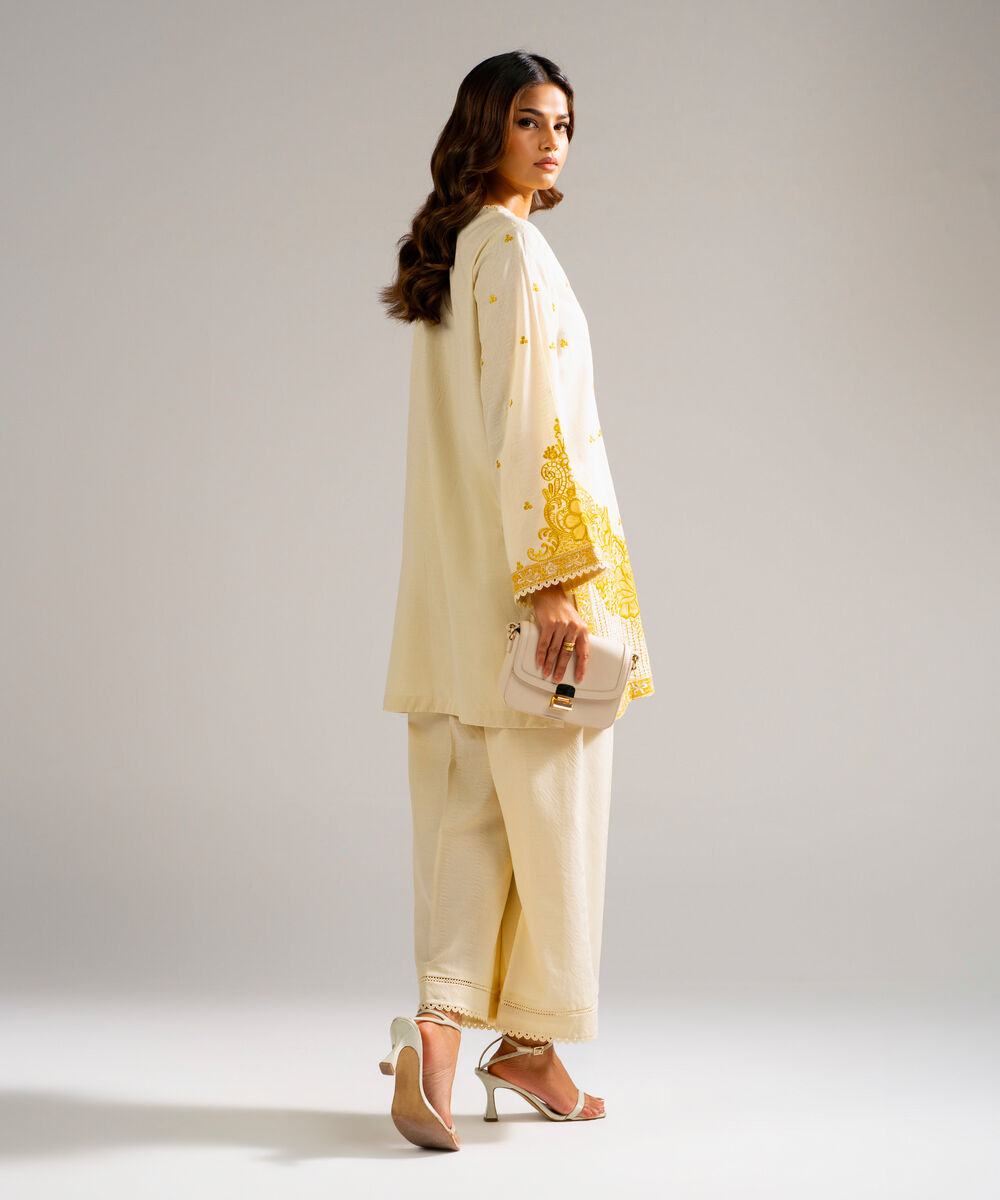 Women's RTW Self Jacquard Embroidered Pale Yellow 2 Piece Suit