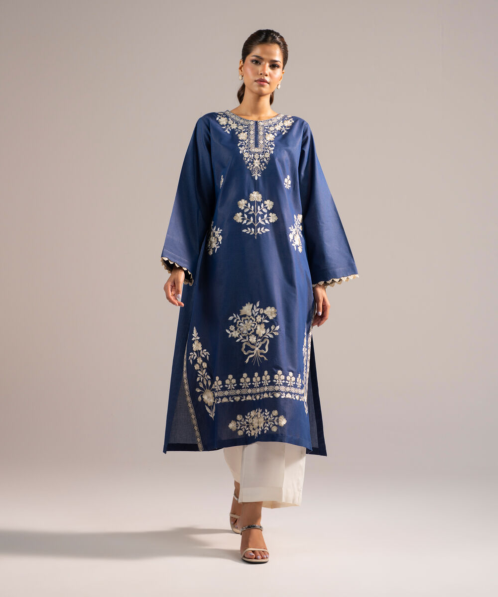 Women's RTW Zari Lawn Embroidered Dark Blue A-Line Shirt