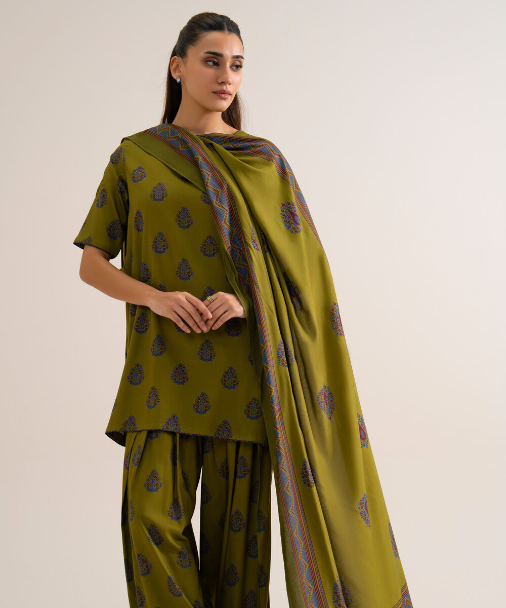 Women's Unstitched Viscose Linen Printed Olive Green 3 Piece Suit