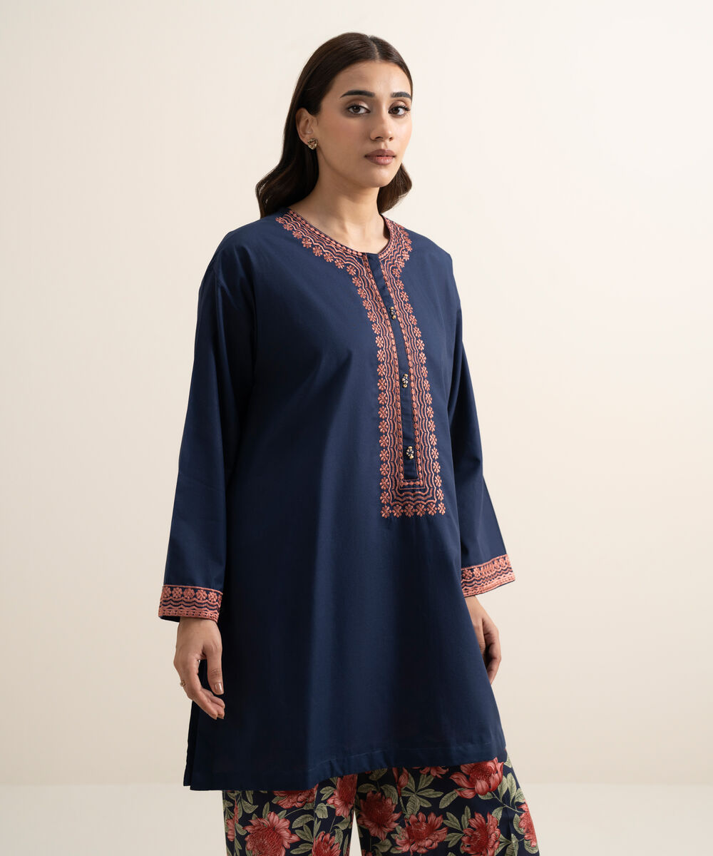 Women's RTW Cambric Embroidered Blue Drop Shoulder Shirt