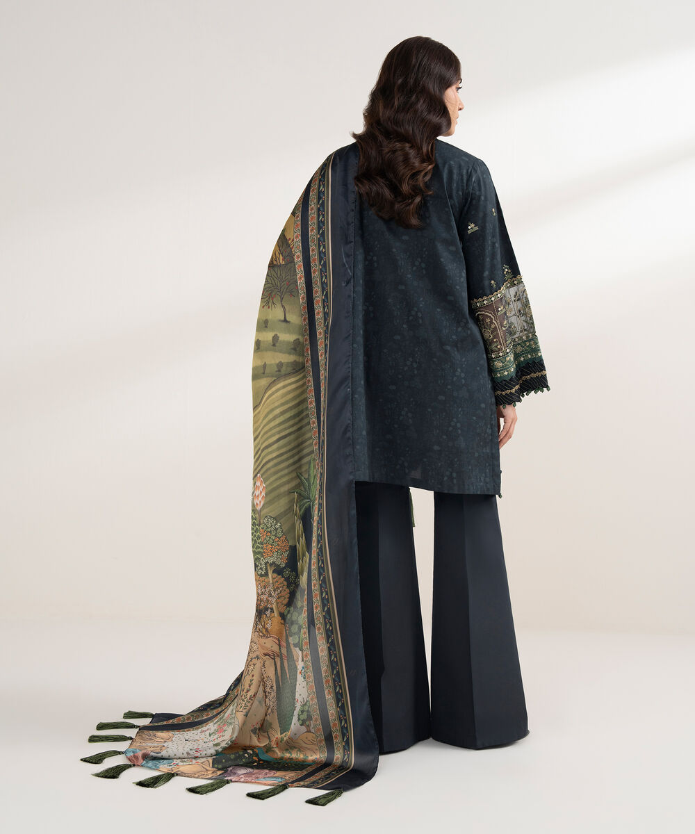 Women's Unstitched Cotton Embroidered Black 3 Piece Suit