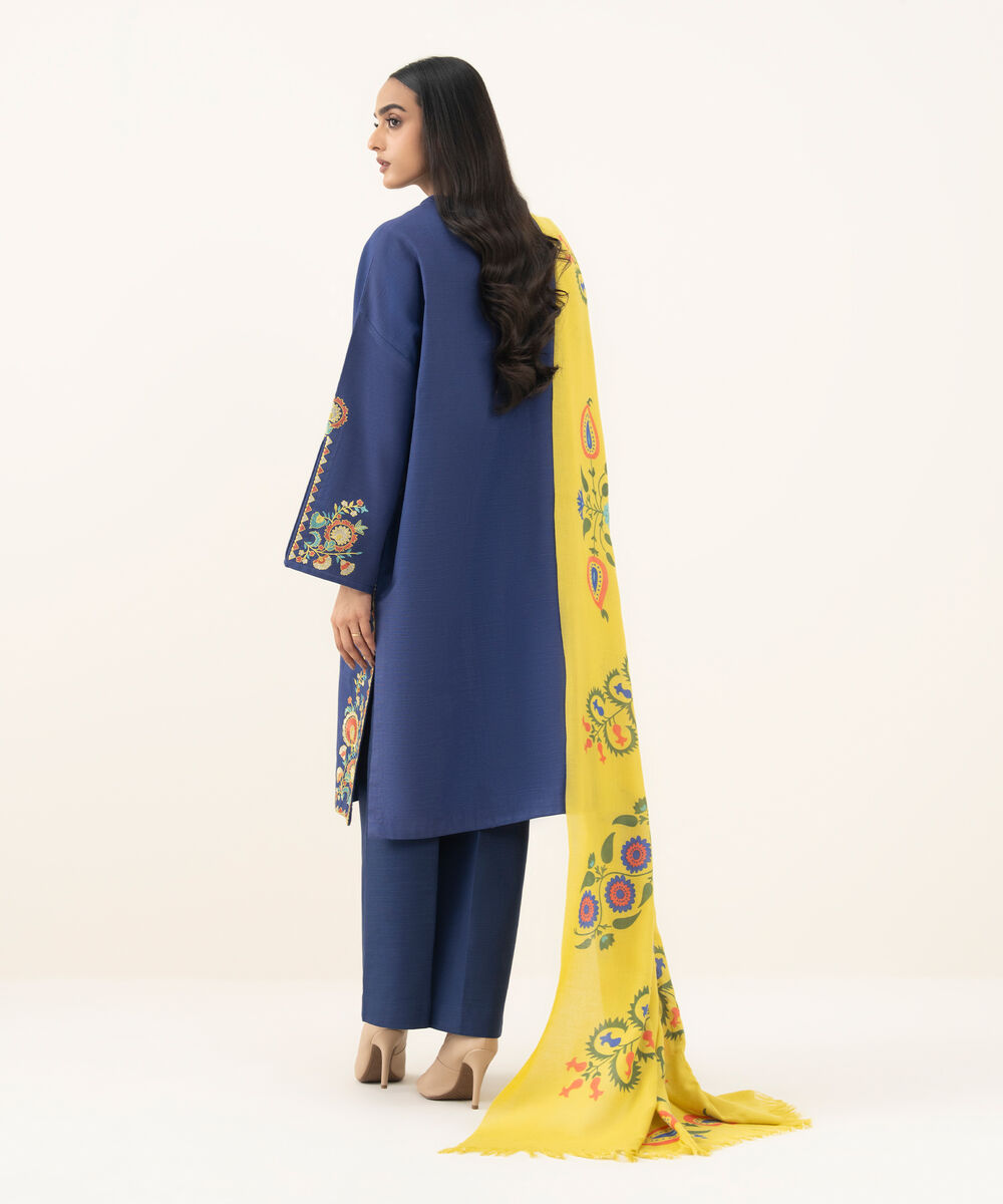 Women's Unstitched Embroidered Khaddar Blue 3 Piece Suit
