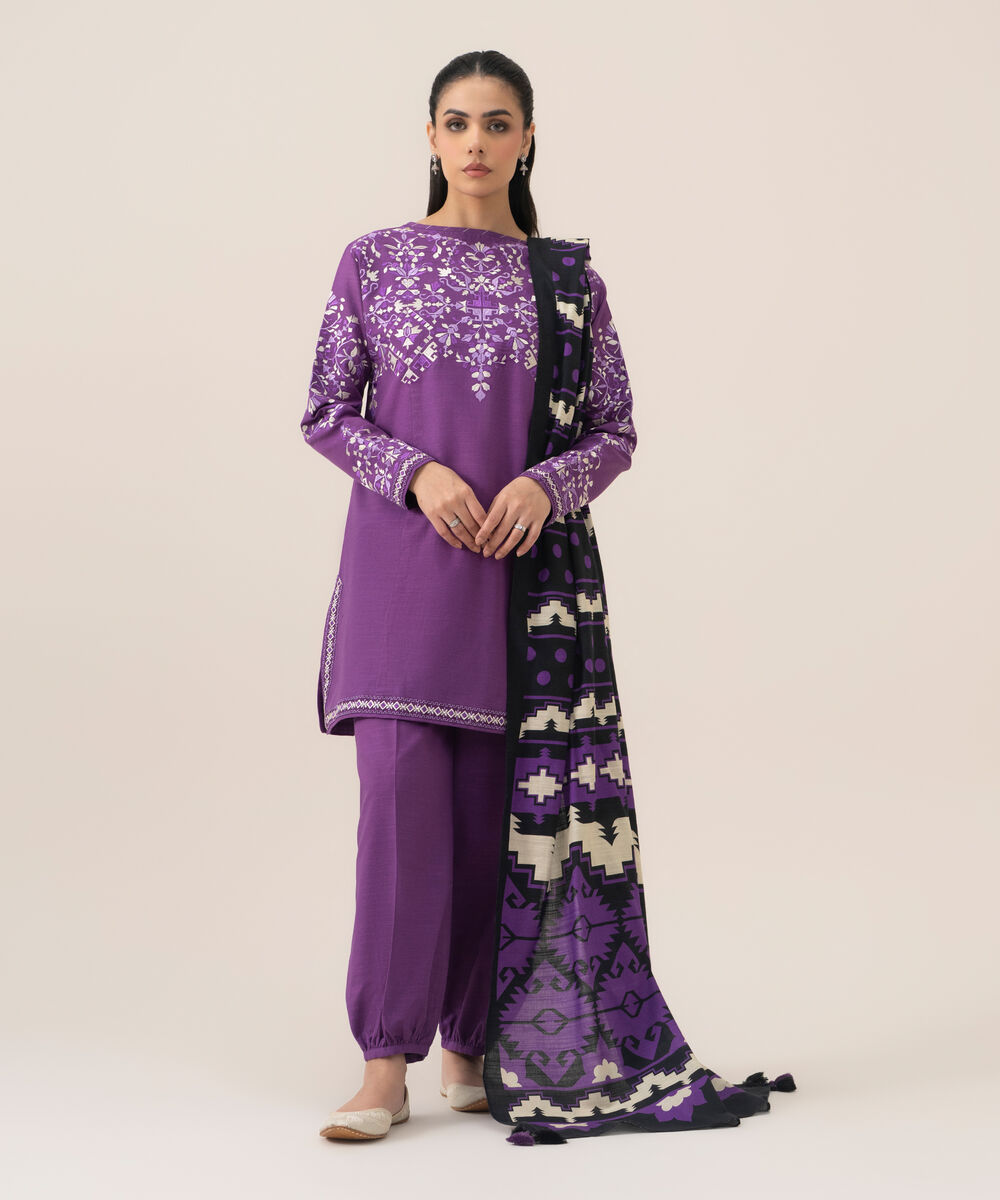 Women's Unstitched Premium Khaddar Embroidered Mauve 3 Piece Suit