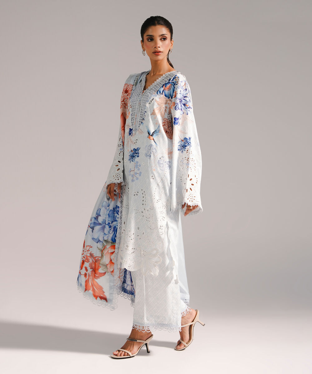 Women's RTW Arabic Self Jacquard Embroidered Light Blue 3 Piece Suit