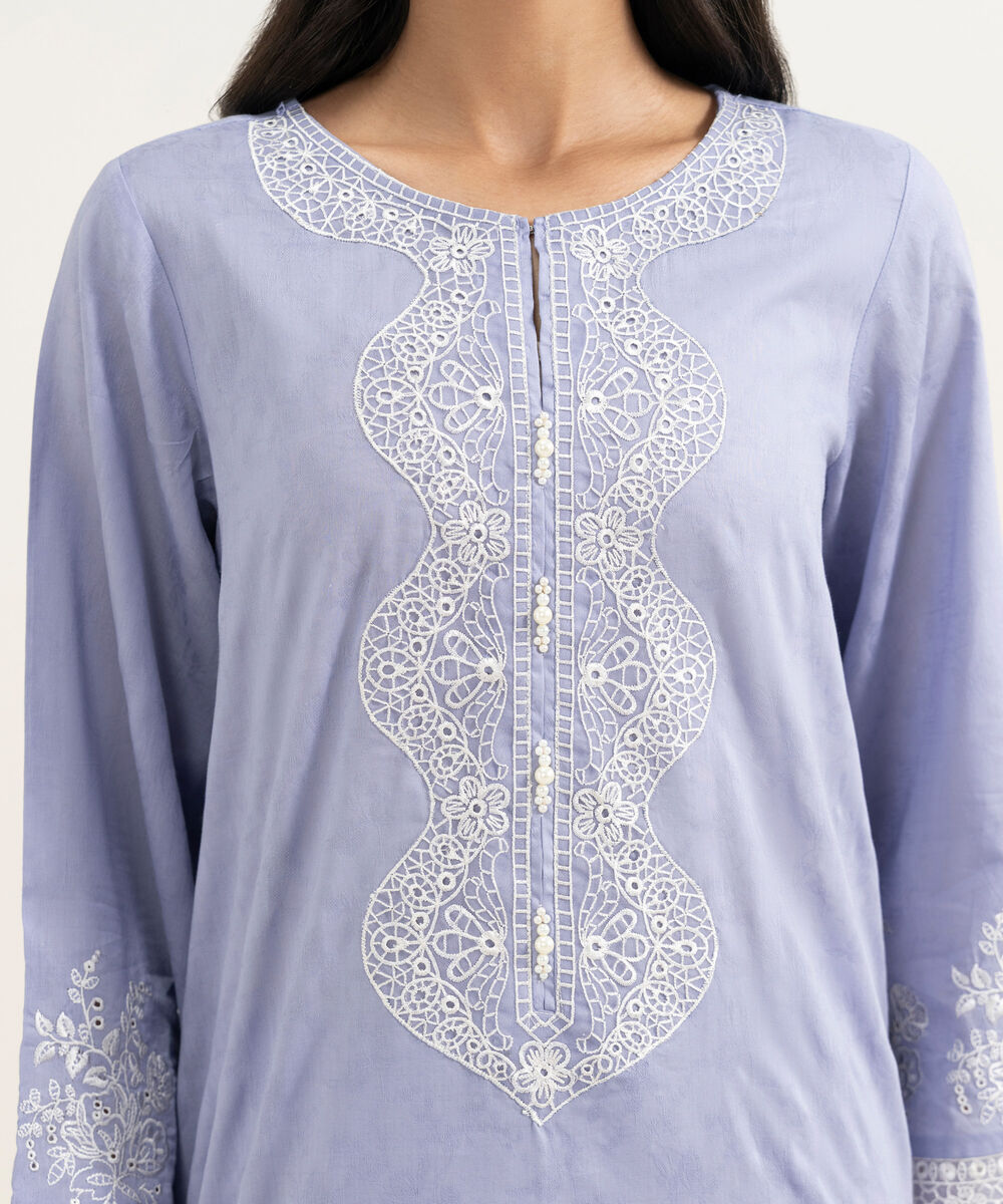 Women's RTW Self Jacquard Embroidered Purple A-Line Shirt