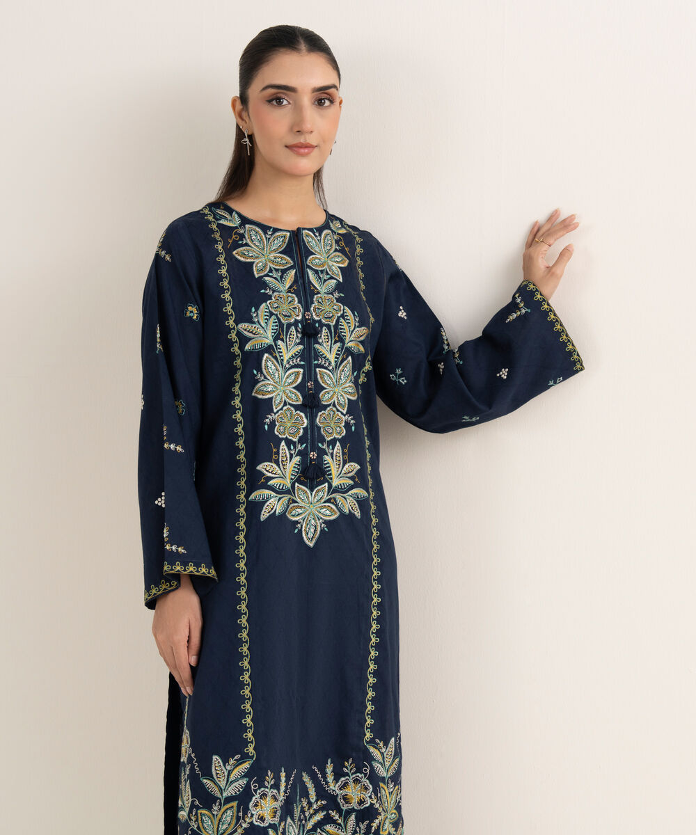 Women's RTW Self Jacquard Embroidered A-Line Blue Shirt