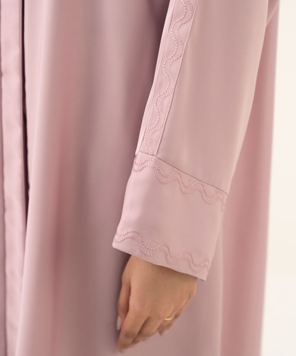 Women's pink button through Abaya with embroidery