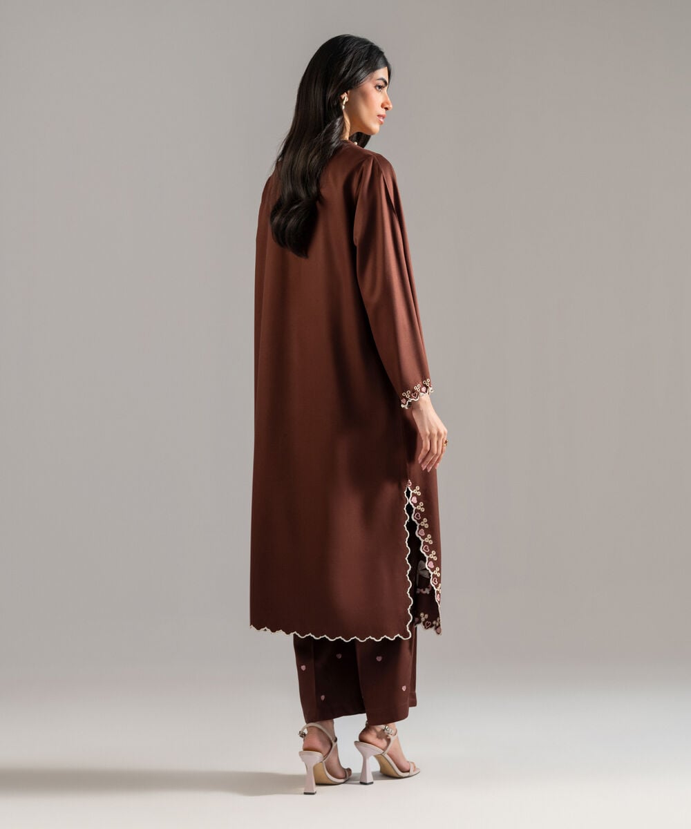 Women's RTW Bedford Solid Embroidered Brown Straight Shirt