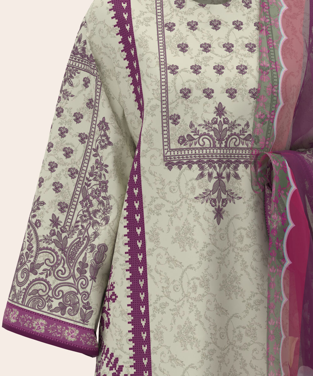 Women's Unstitched Lawn Cream  Embroidered 3 Piece Suit