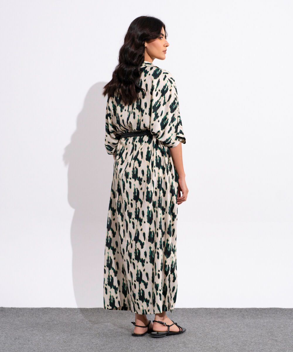 Women's Multicoloured Printed Kimono Dress With Leather Belt