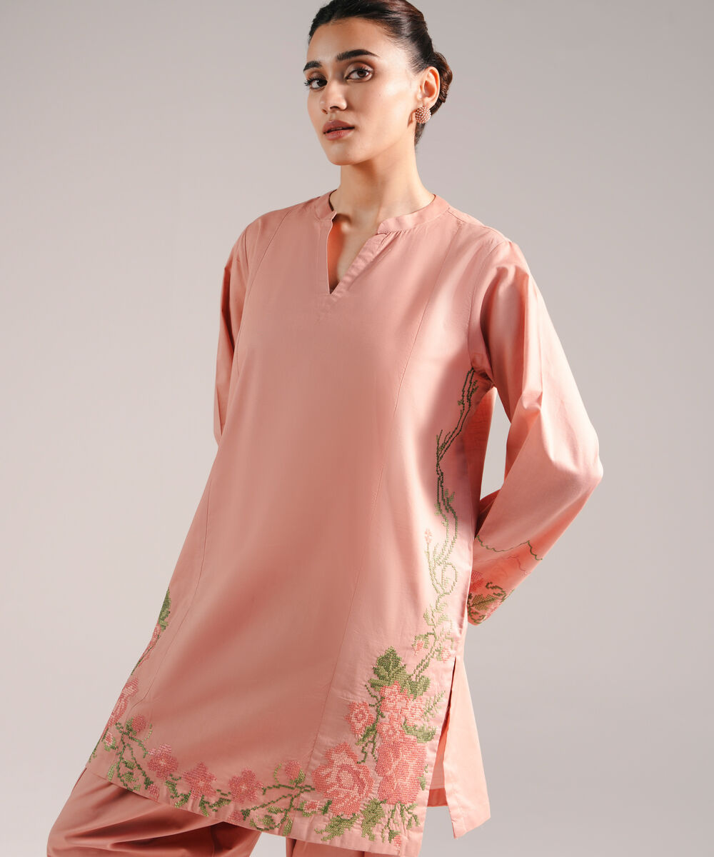 Women's RTW Slub Lawn Embroidered Straight Peach Shirt