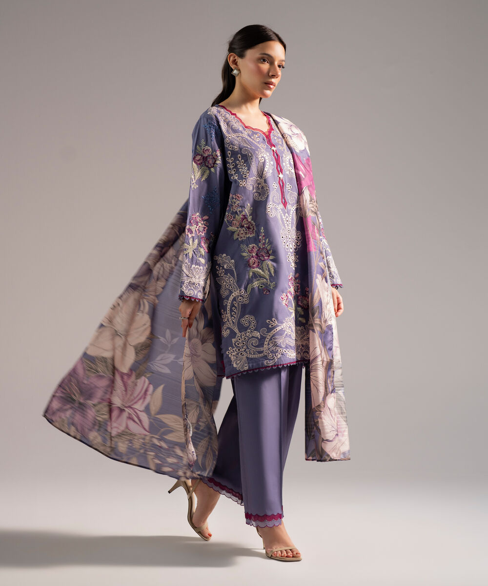 Women's RTW Slub Lawn Embroidered Steel Blue 3 Piece Suit