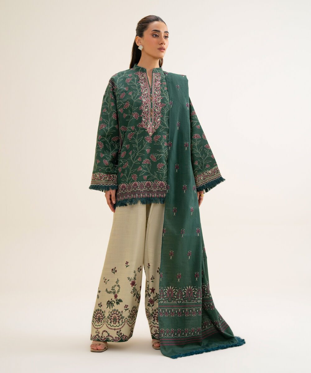 Women's Unstitched Cotton Embroidered Green 3 Piece Suit