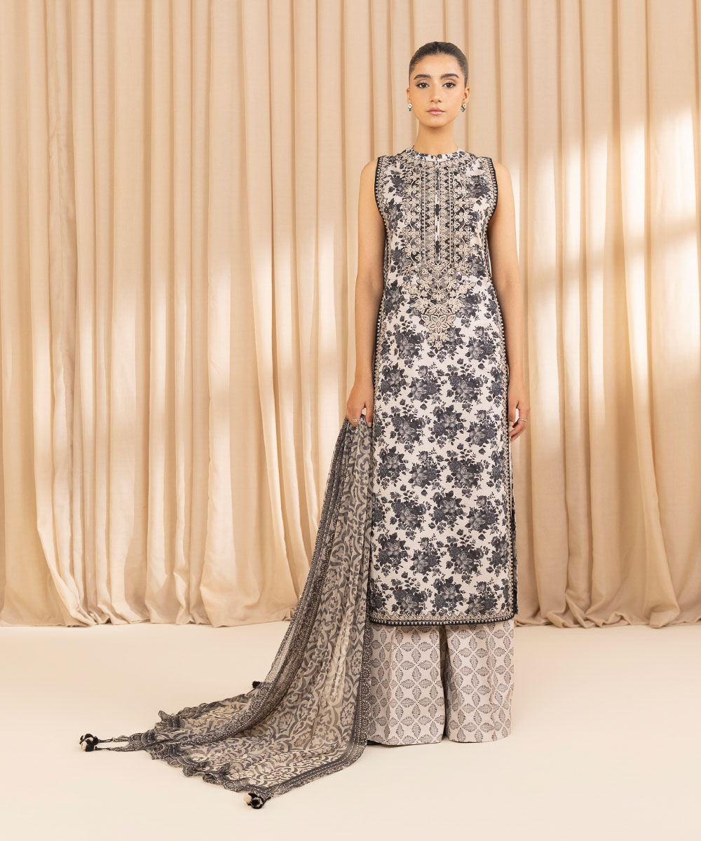 Unstitched Women's Embroidered Dobby White Three Piece Suit