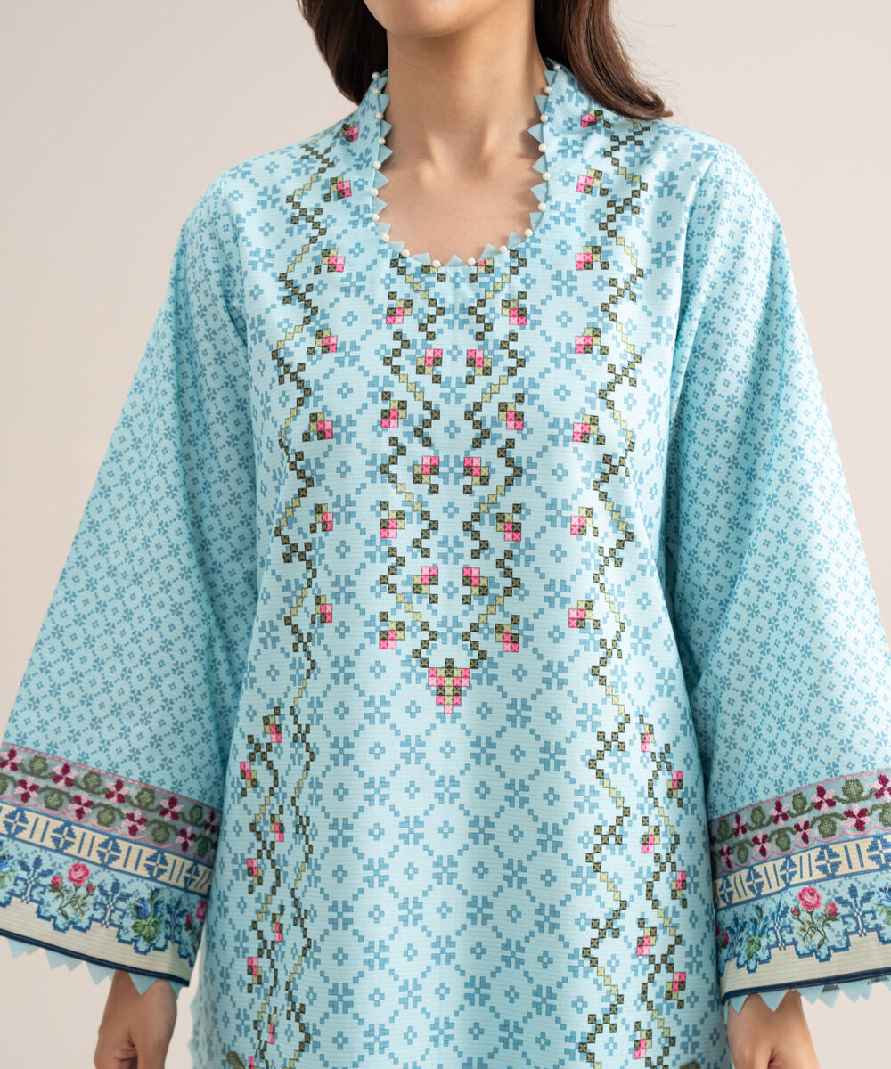 Women's Unstitched Zari Cotton Embroidered Sky Blue  3 Piece Suit