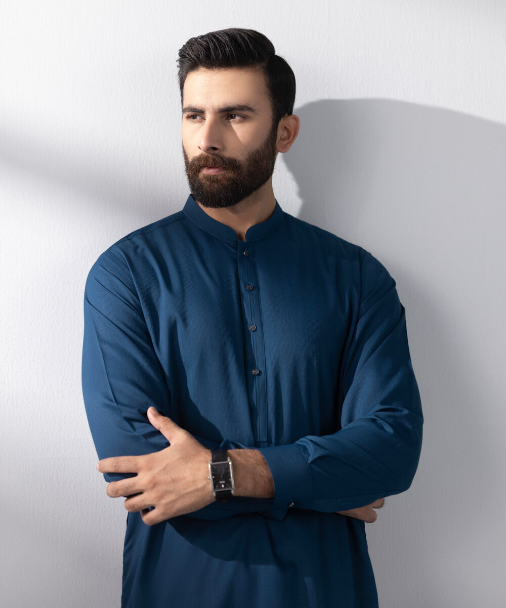 Men's Stitched 2 PC Blue Dobby Suit