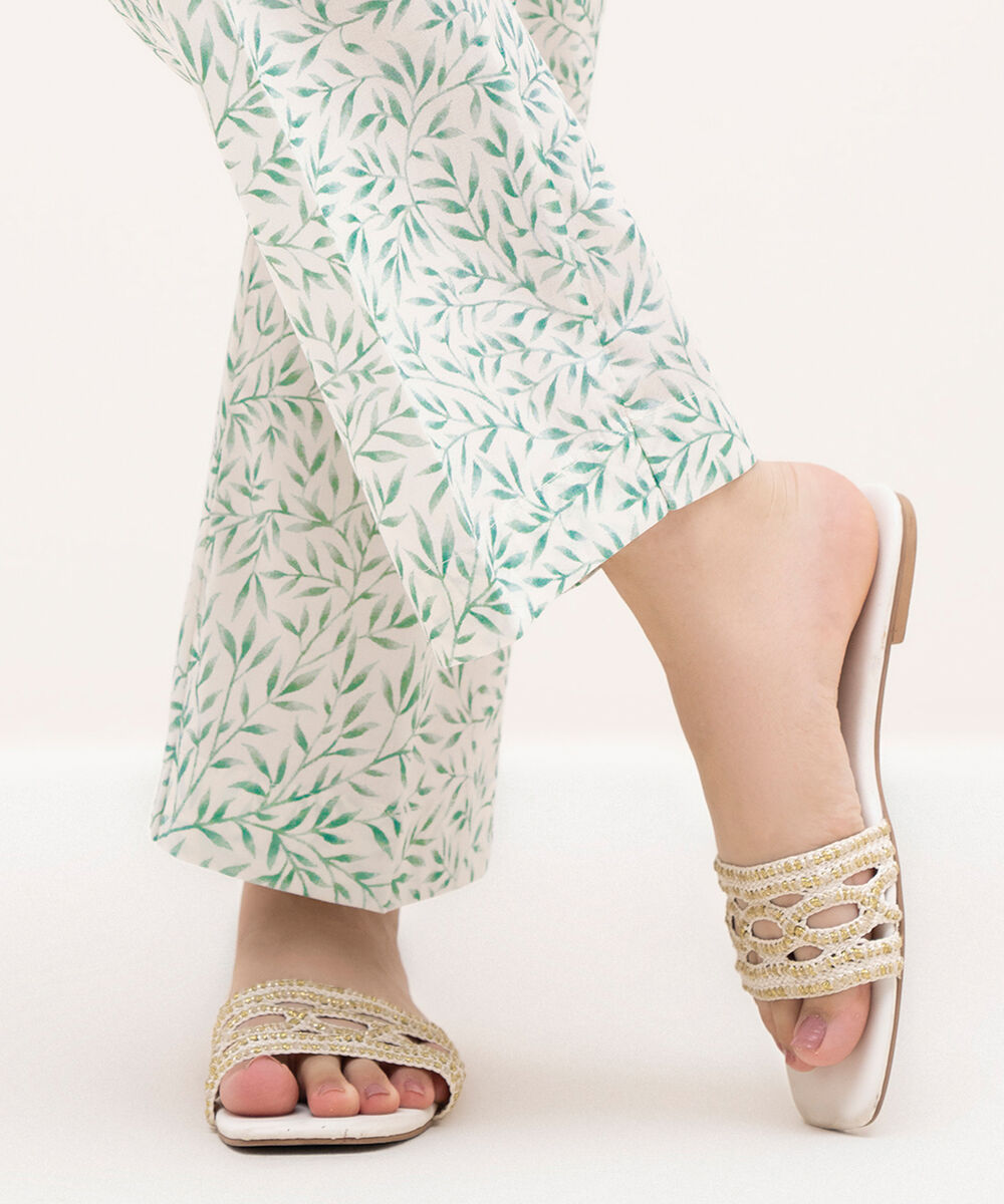 Women's RTW Cambric White Printed Straight Pants