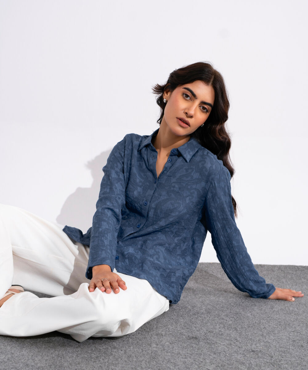 Women's Blue Textured Button Through Shirt