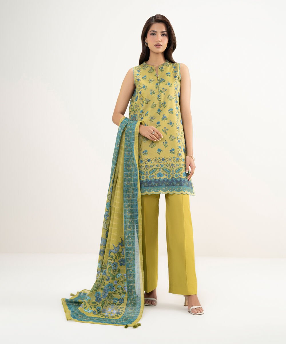 Women's Unstitched Zari Lawn Yellow Printed 3 Piece Suit
