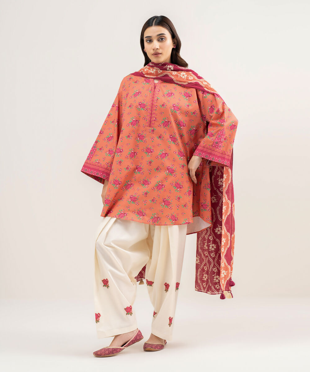 Women's Unstitched Lawn Printed Orange 2 Piece Suit