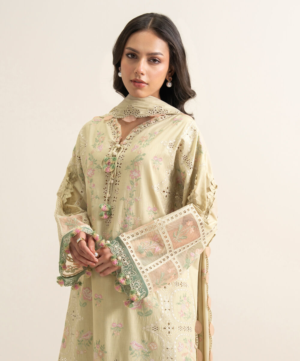 Women's Unstitched Slub Lawn Embroidered Beige 3 Piece Suit