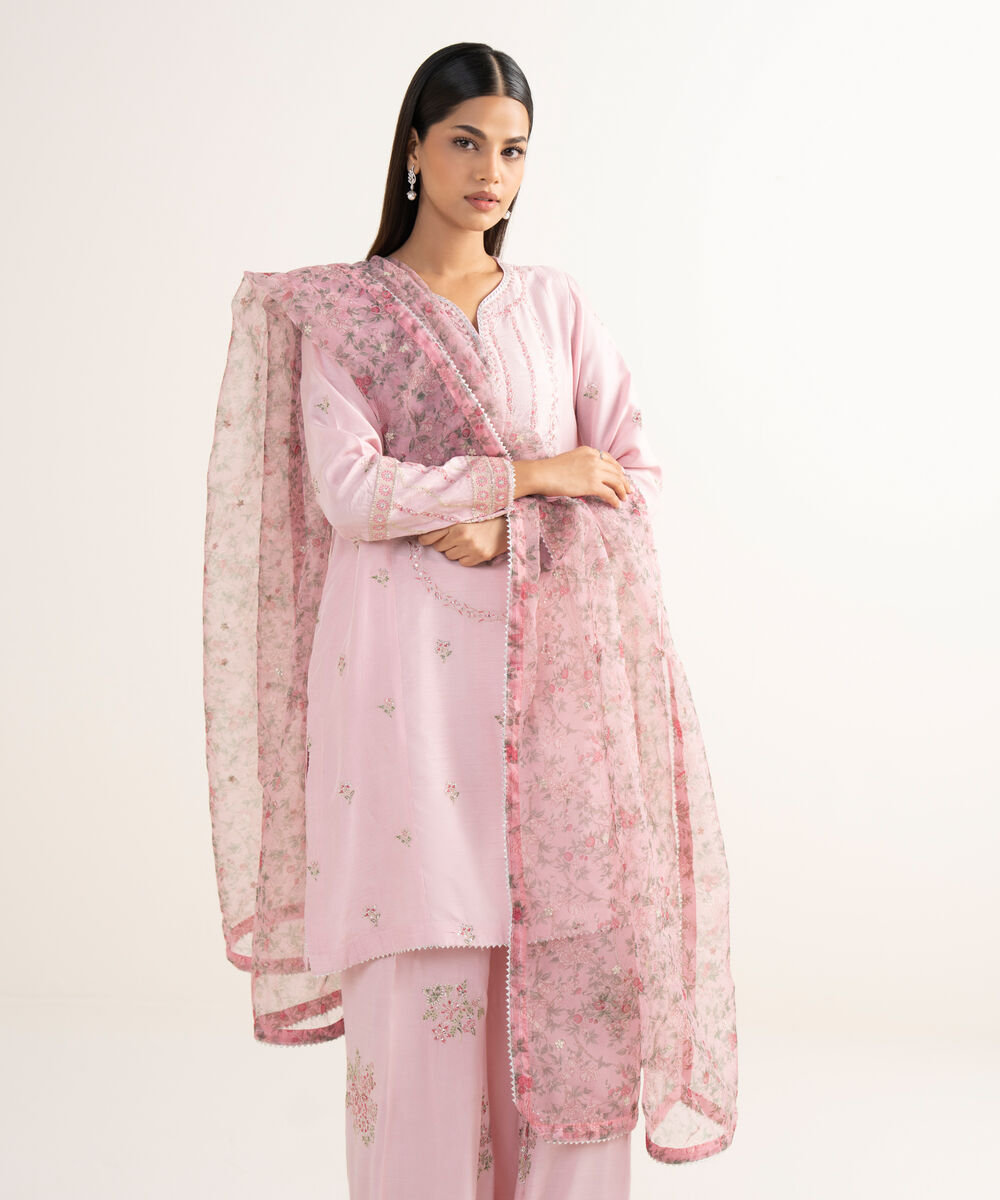 Women's RTW Raw Silk Pink Embroidered 3 Piece Suit