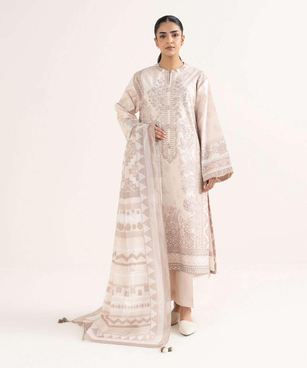 Women's Unstitched Cotton Printed Pink 3 Piece Suit