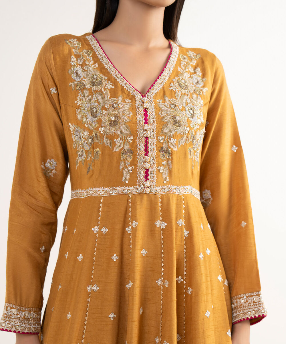 Women's RTW Raw Silk Mustard Embroidered 3 Piece Suit