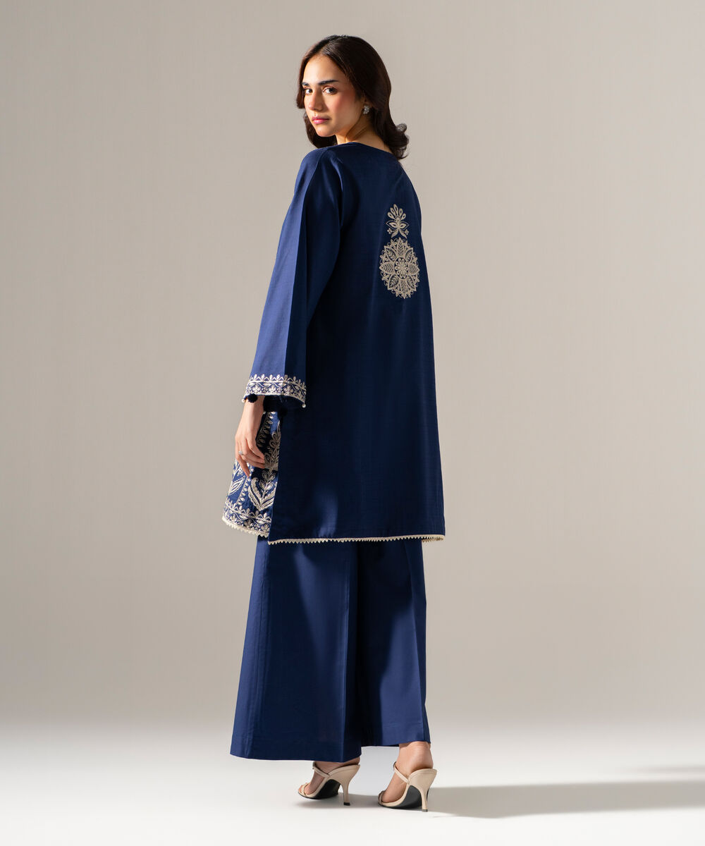 Women's RTW Dobby Solid Embroidered Blue Straight Shirt