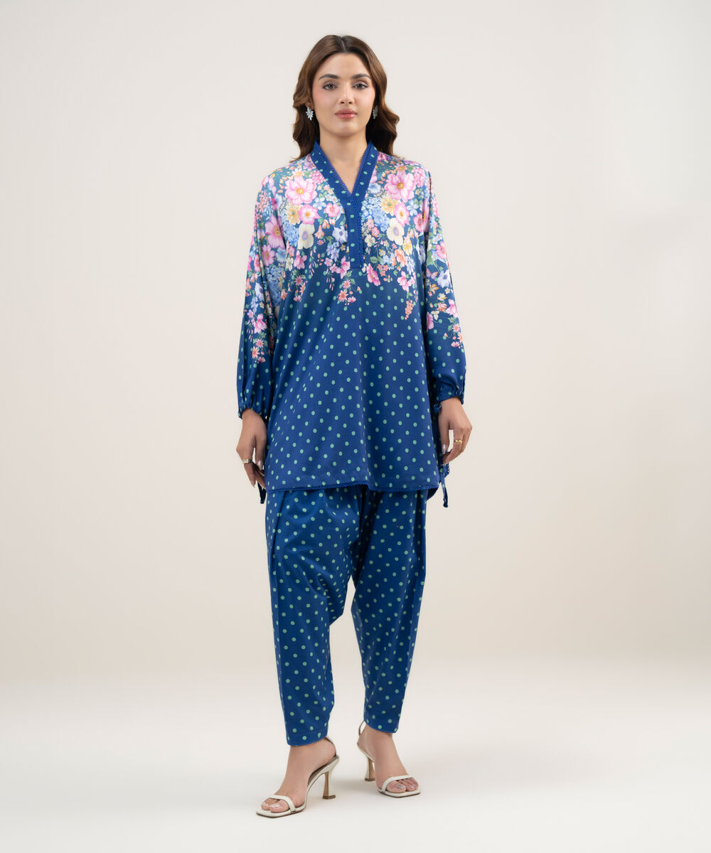 Women's RTW Dobby Printed Dark Blue 2 Piece Suit