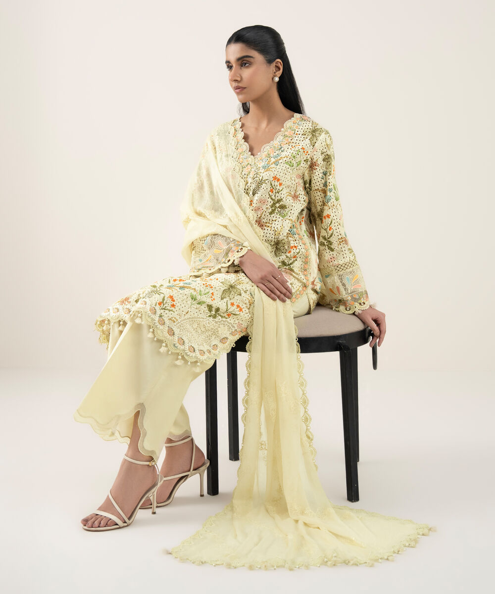 Women's Unstitched Cotton Embroidered Multi 3 Piece Suit