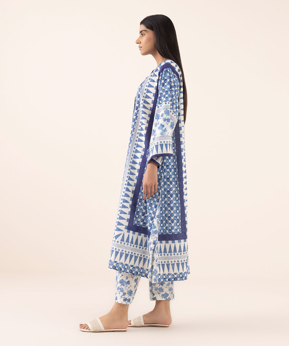 Women's RTW Lawn Blue Printed Drop Shoulder Shirt