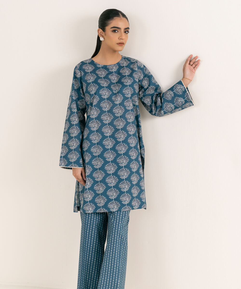 Women's RTW Textured Lawn Blue Printed A-Line Shirt