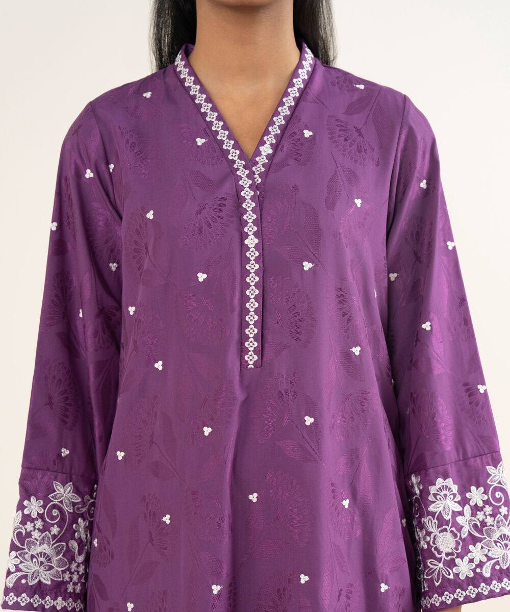 Women's RTW Jacquard Embroidered Purple A-Line Shirt