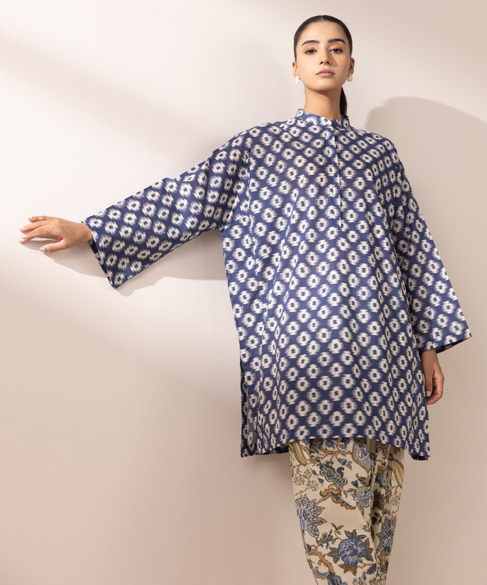 Women's RTW Lawn Blue Printed Boxy Shirt