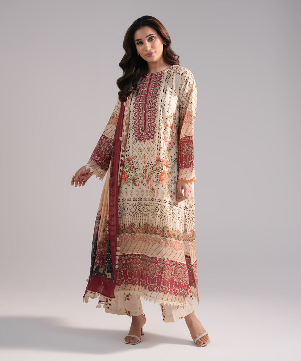 Women's RTW Lawn Embroidered Beige 3 Piece Suit