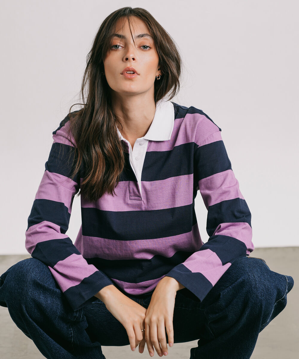 Women's Western Wear Purple Striped Rugby Polo Shirt