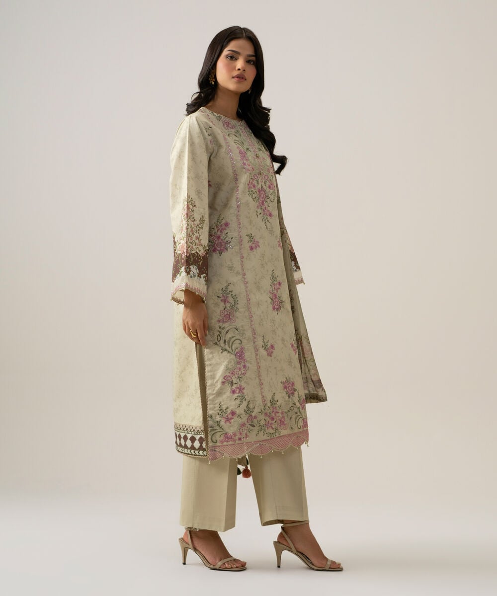 Women's Unstitched Blended Chiffon Embroidered Beige 3 Piece Suit