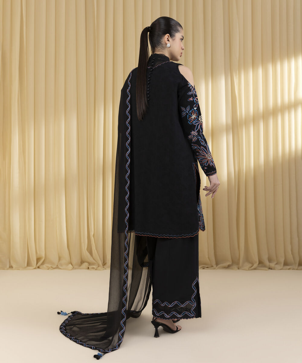 Unstitched Women's Black Cotton Jacquard 3 Piece Suit