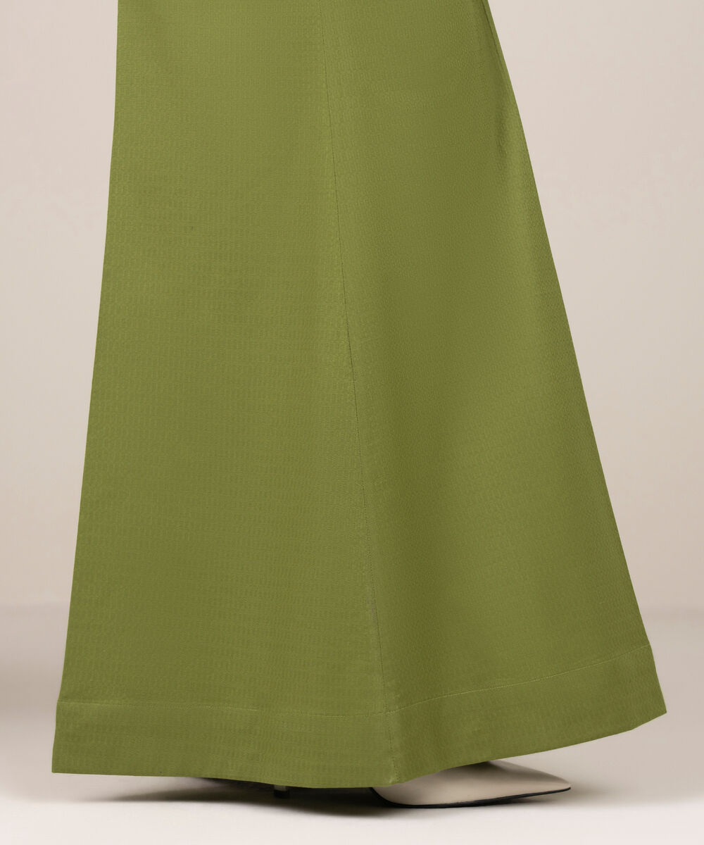 Women's RTW Textured Cotton Solid Green  Flared Pants