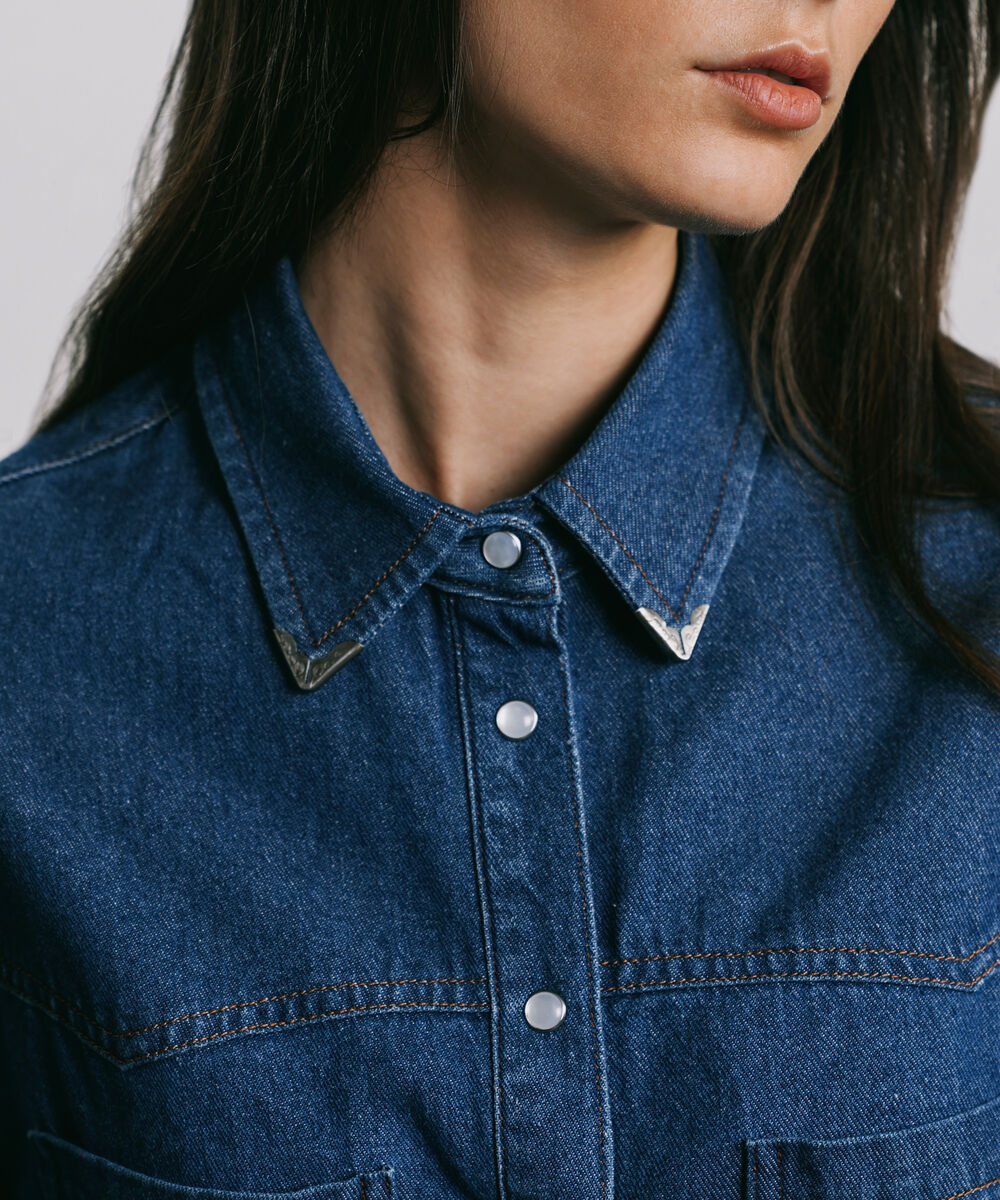 Women's Western Wear Blue Metal Tipped Denim Shirt