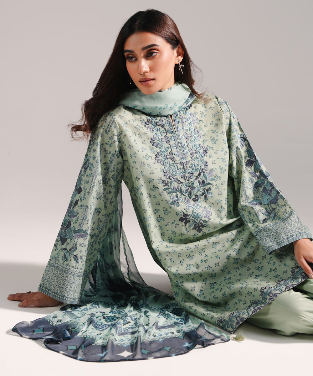 Women's RTW Lawn Printed Green 3 Piece Suit