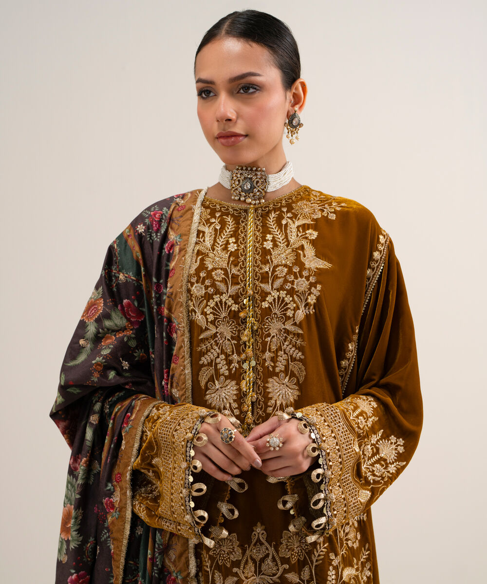 Women's Unstitched Embroidered Velvet Brown 3 Piece Suit