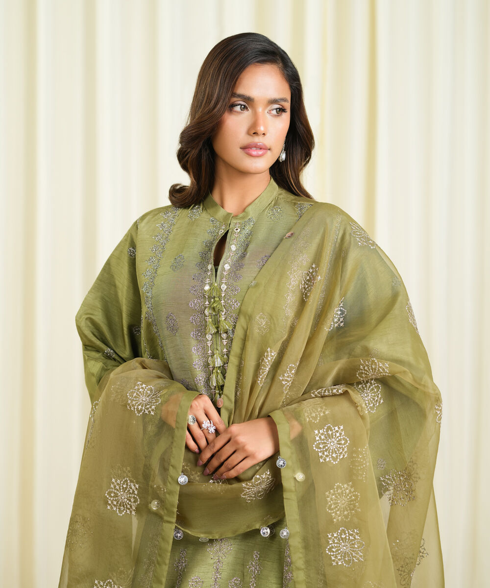 Women's Unstitched Raw Silk Embroidered Green 3 Piece Suit