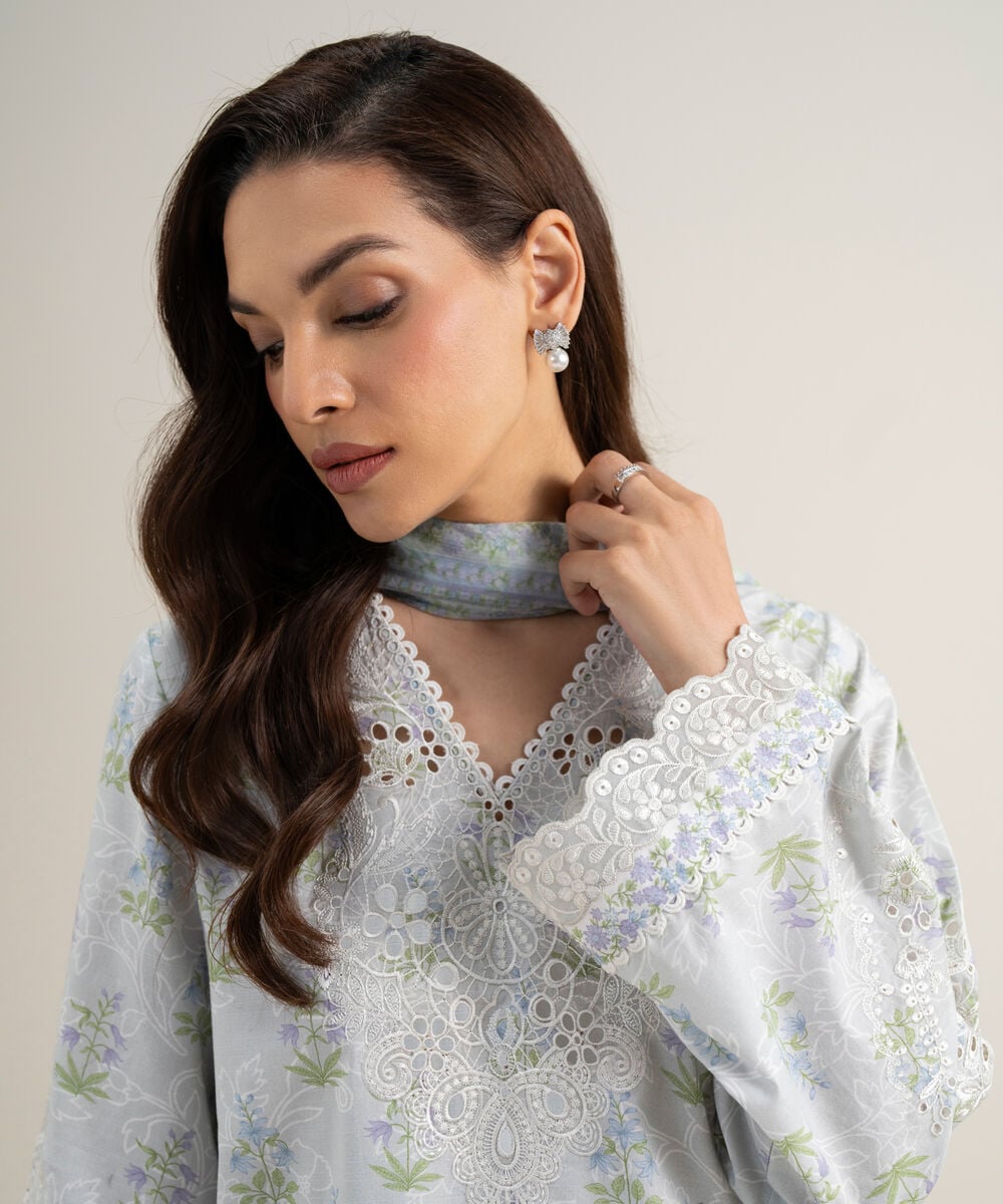 Women's Unstitched Lawn Embroidered Light Grey 3 Piece Suit