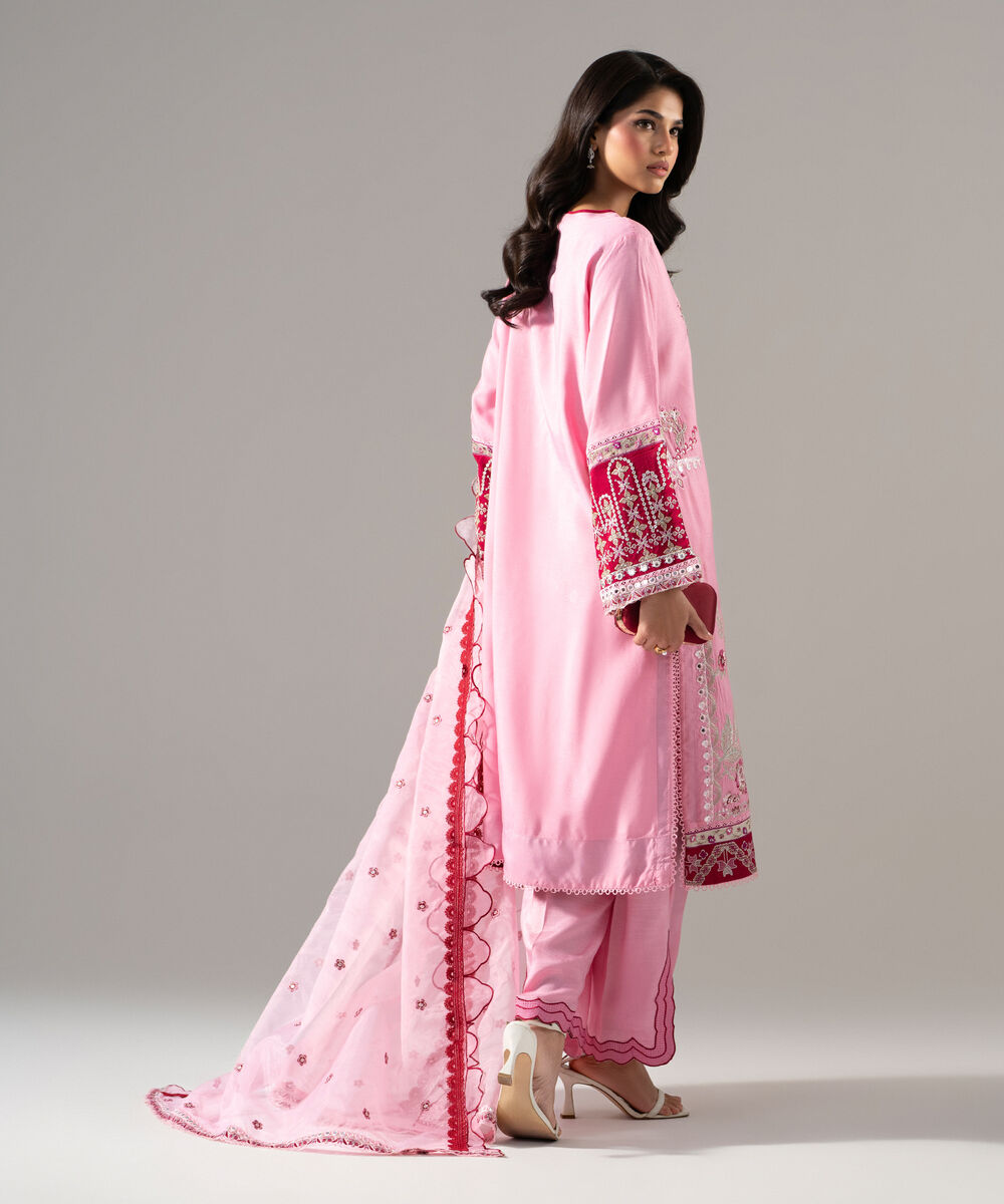 Women's RTW Raw Silk Solid Embroidered Pink 3 Piece Suit