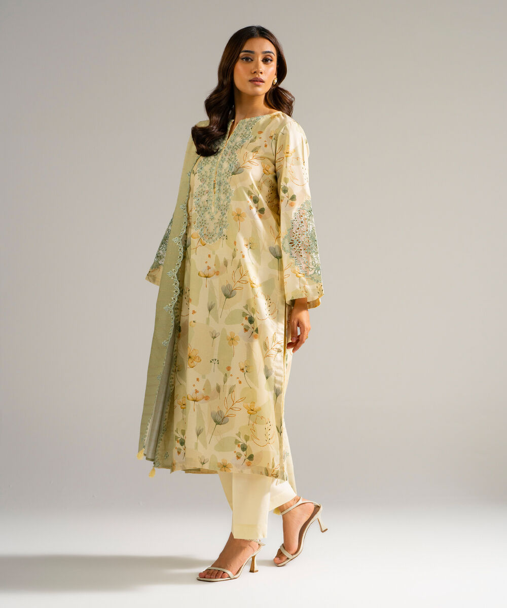 Women's RTW Zari Lawn Embroidered Yellow 3 Piece Suit