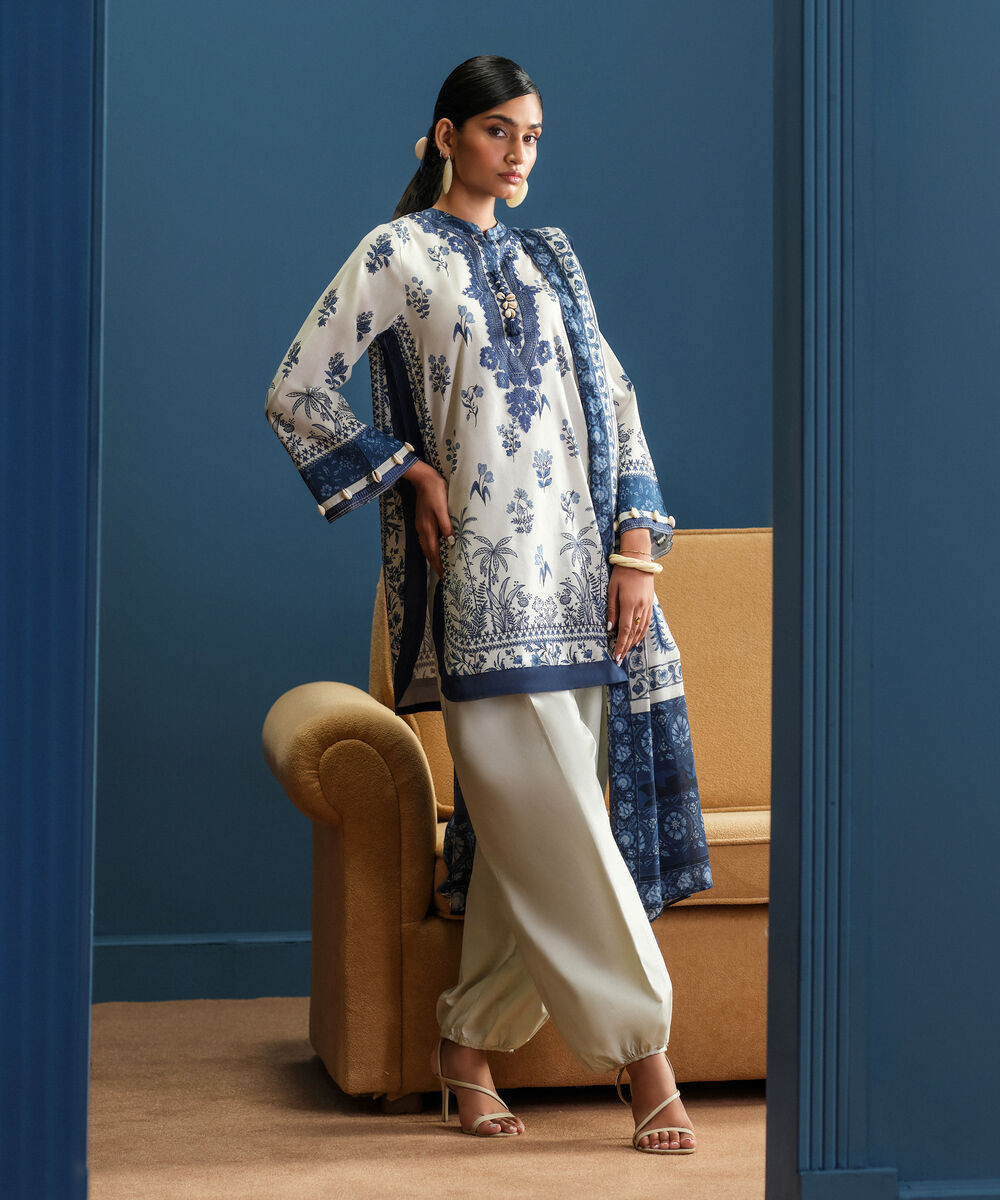 Women's Unstitched Lawn Embroidered Off White and Blue 3 Piece Suit