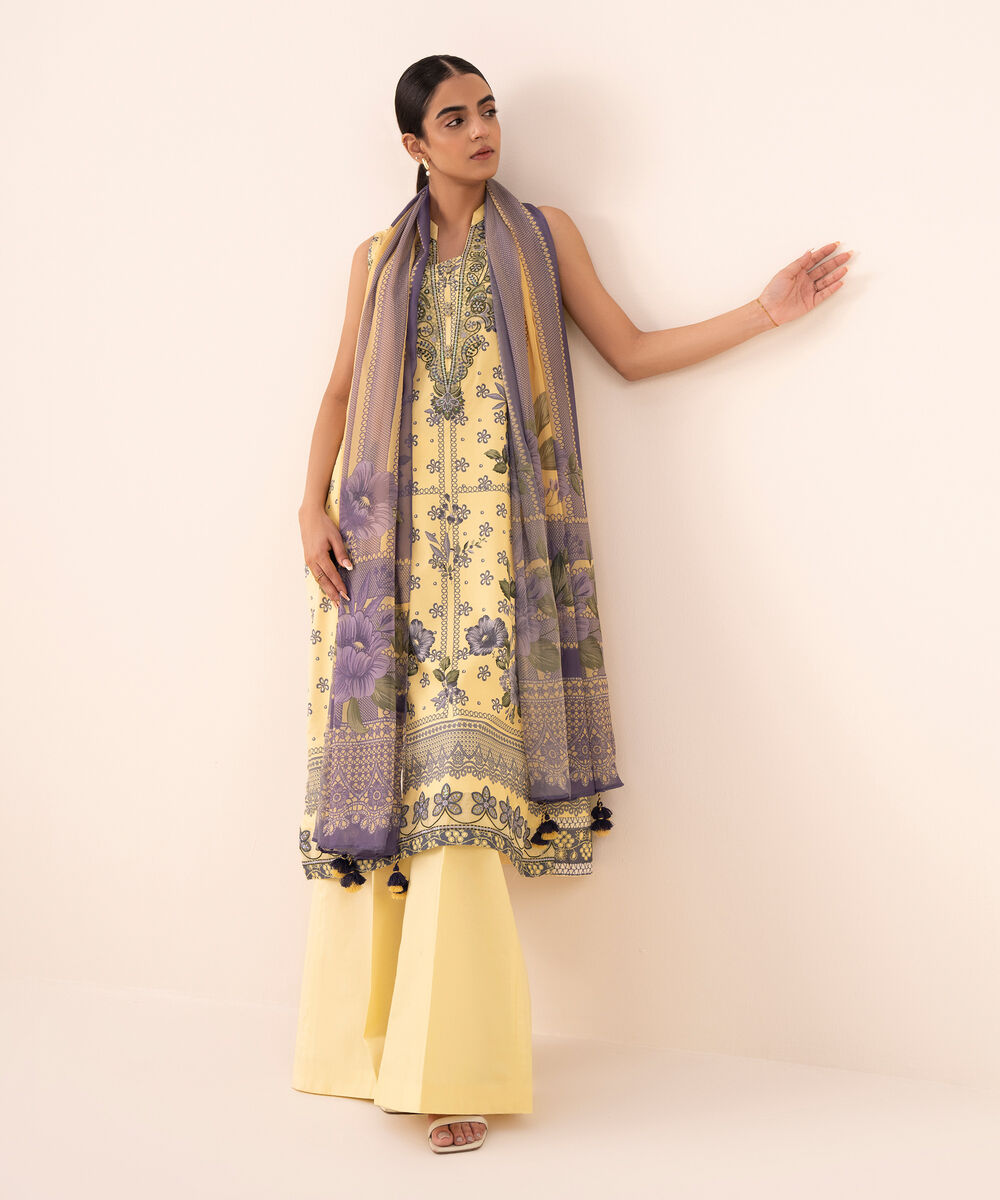 Women's Unstitched Cotton Viscose Embroidered Yellow 3 Piece Suit