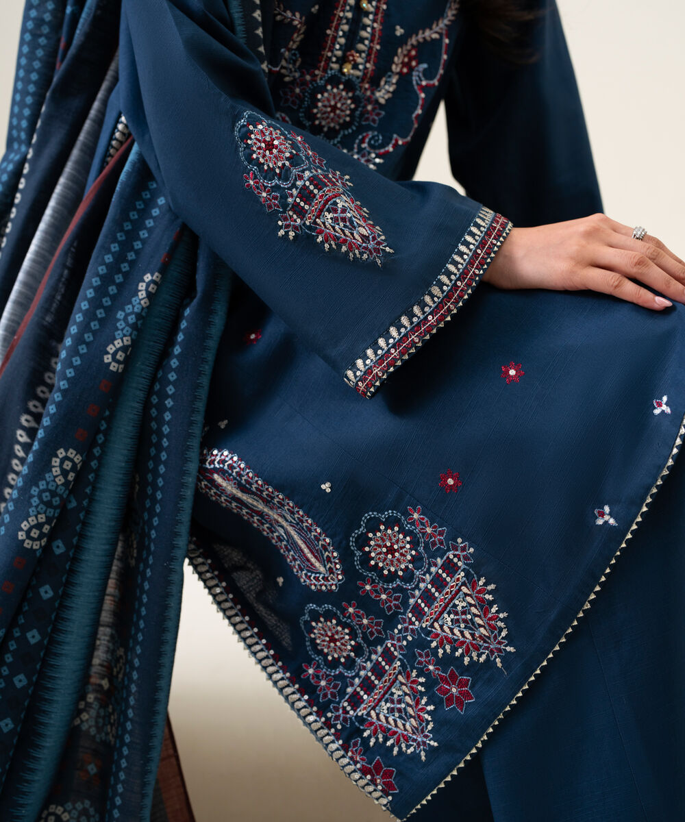 Womens Unstitched Light Khaddar Embroidered Dark Blue 3 Piece Suit